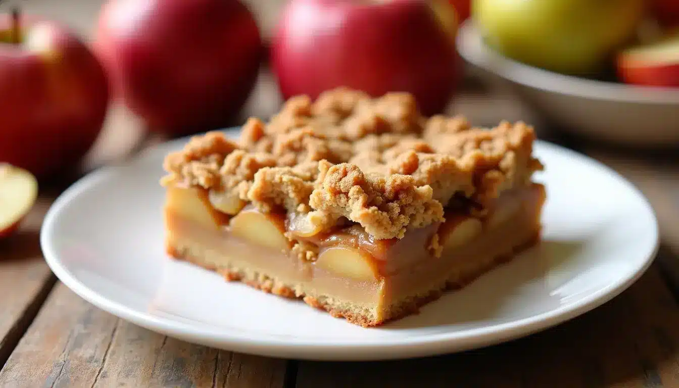 Slice of apple crumble pie on plate.