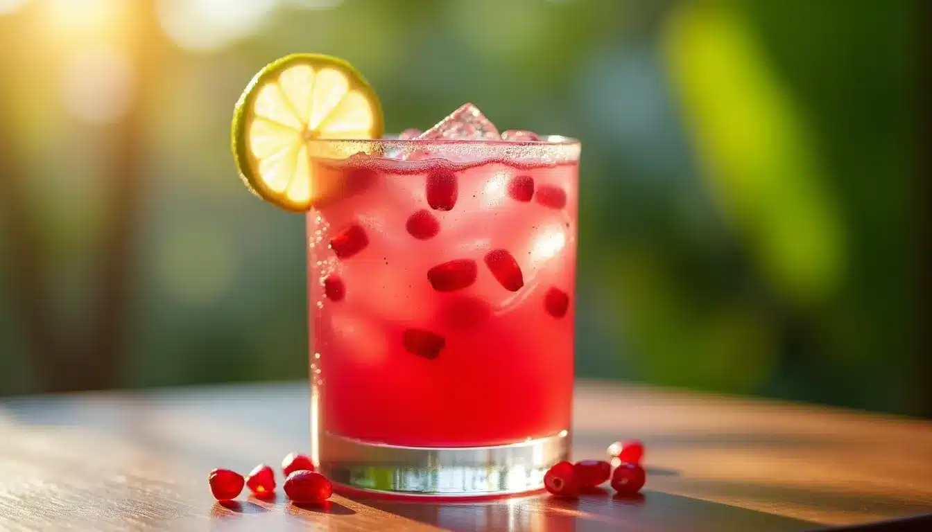 Refreshing pomegranate cocktail with lime slice