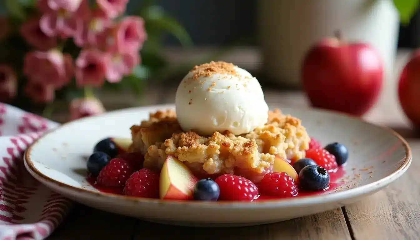 Fruit crumble topped with vanilla ice cream.
