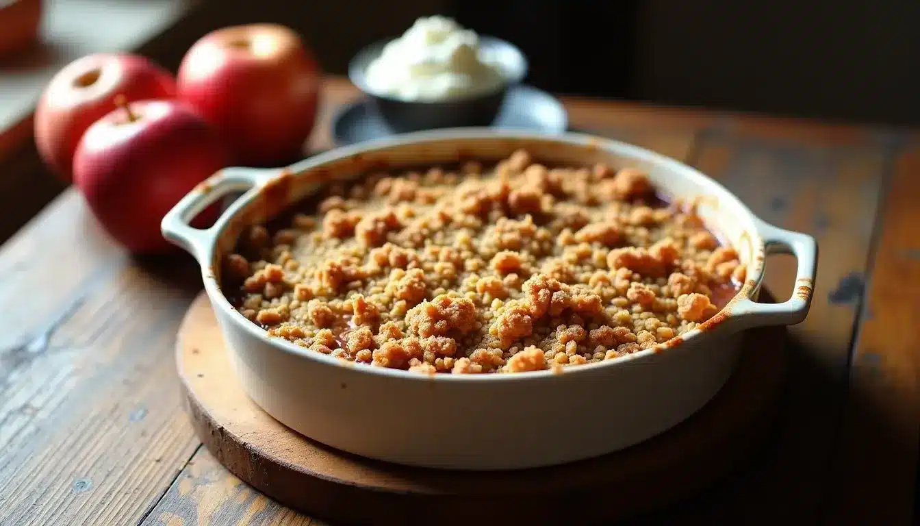 Fresh apple crumble dessert in a baking dish.