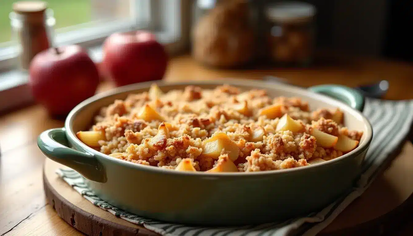 Apple crisp dessert in green baking dish