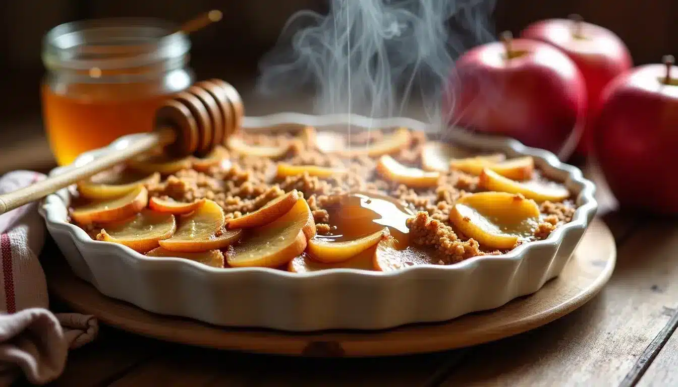 Steaming apple pie with honey and fresh apples.