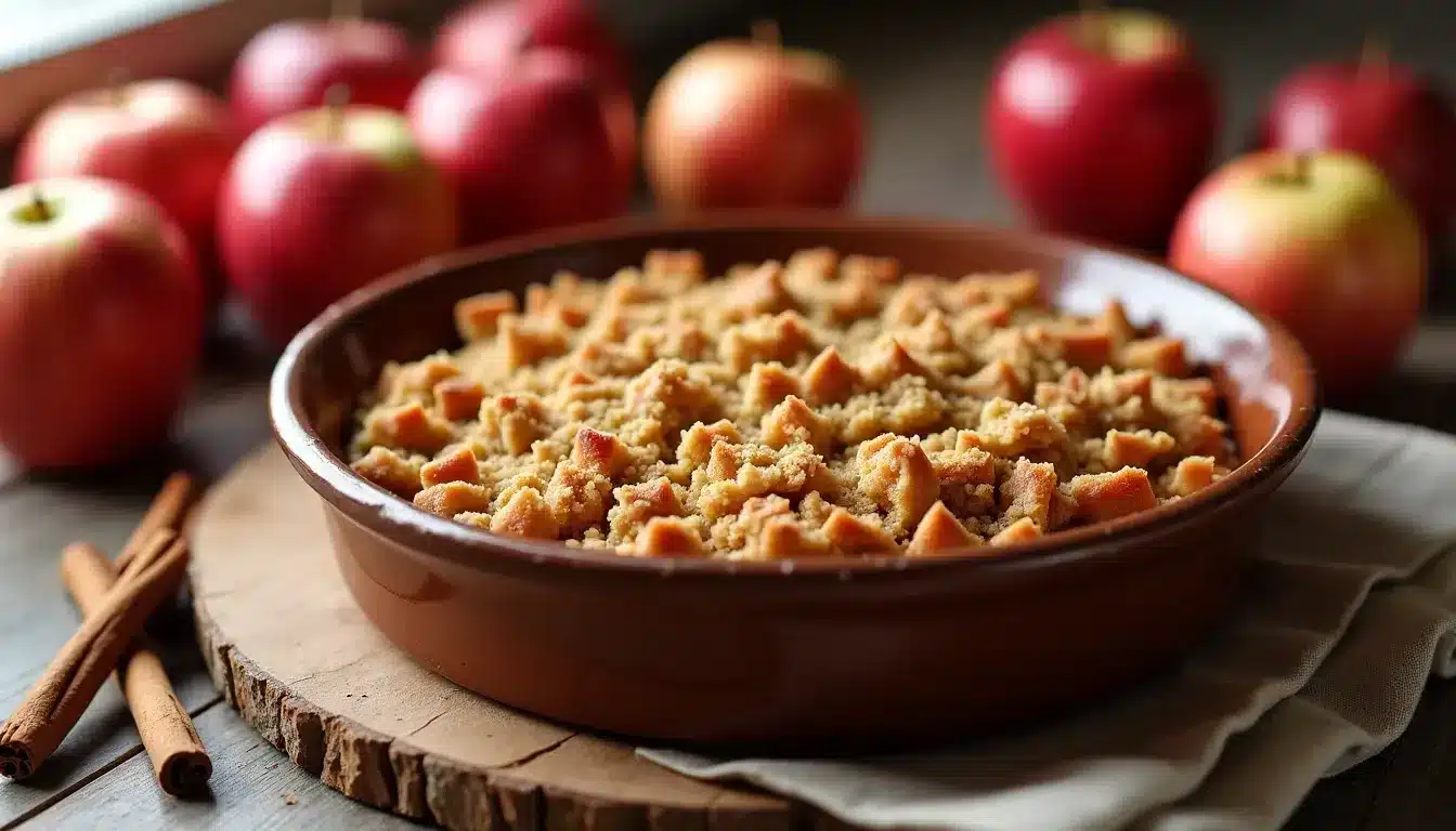 Homemade apple crisp with fresh apples and cinnamon.