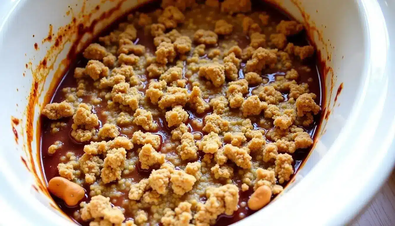 Baked beans with crumbled topping in a dish.