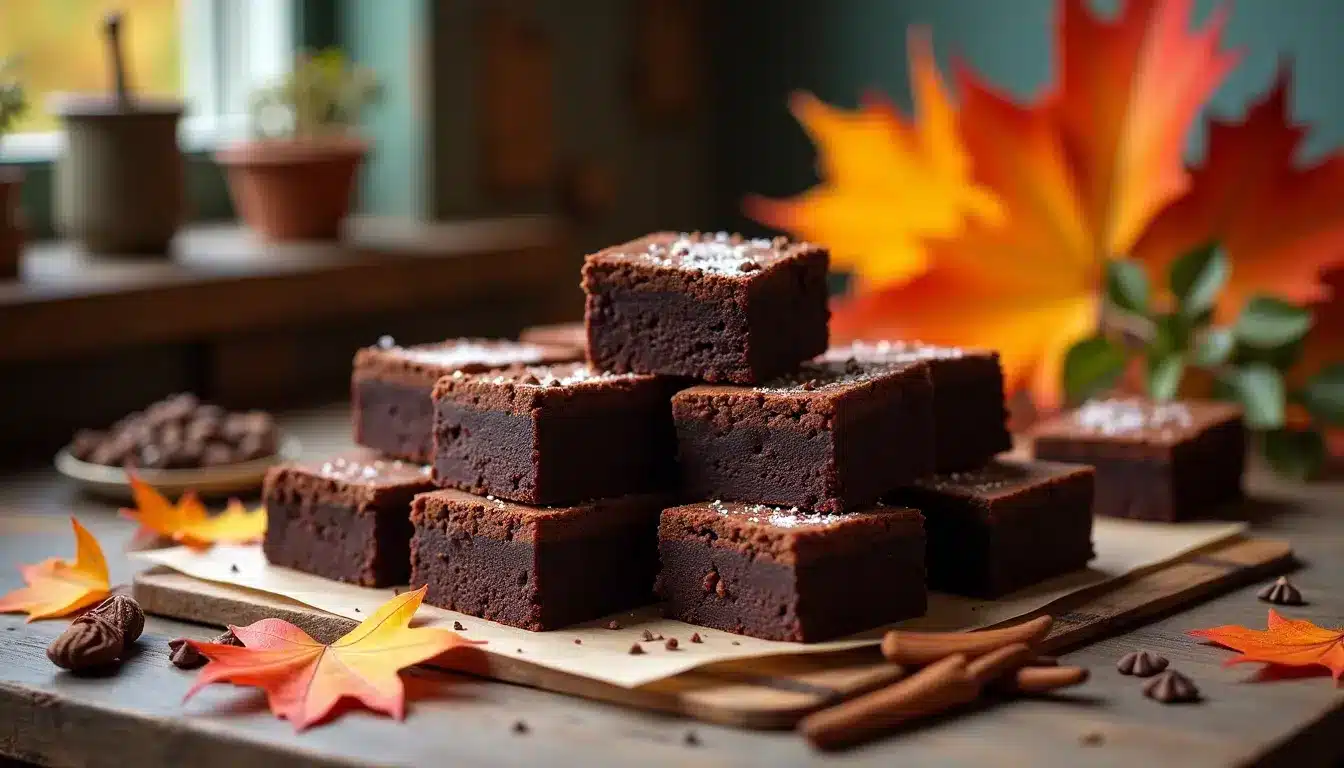 Stack of chocolate brownies with autumn leaves decor.