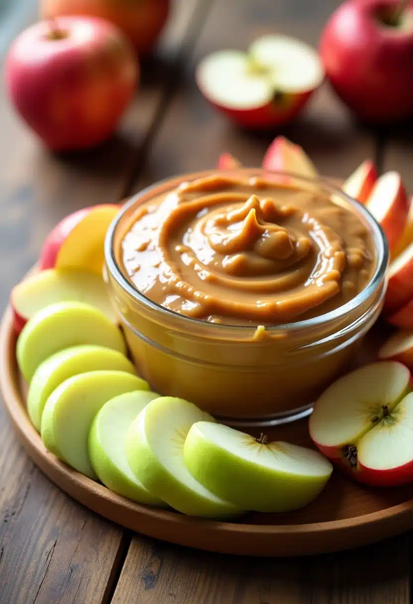 Sliced apples with caramel dip on plate.
