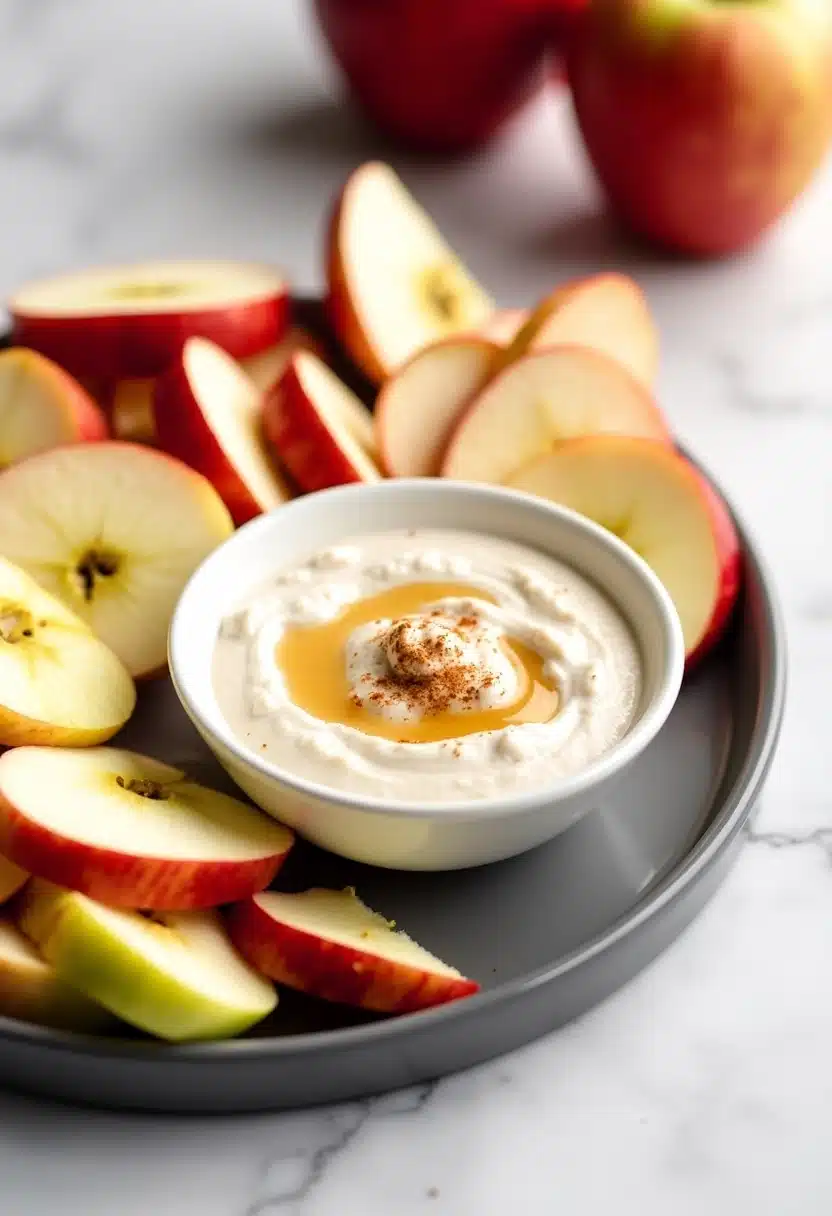 Apple slices with honey cinnamon yogurt dip