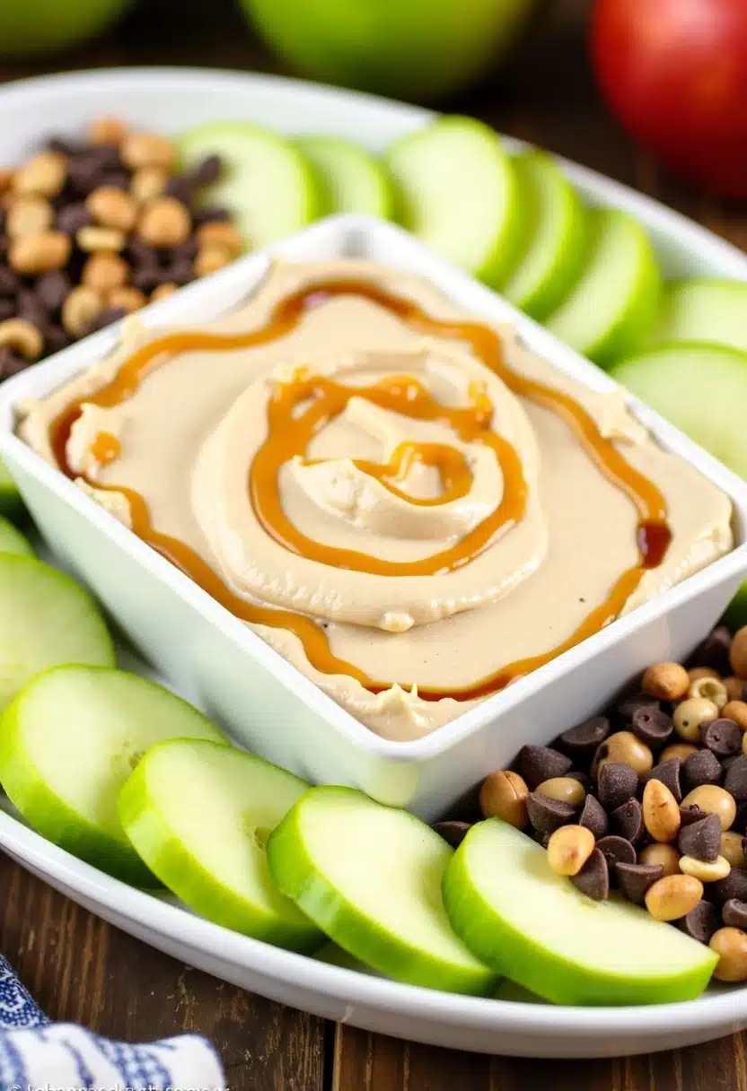 Caramel apple dip with chocolate and nuts.