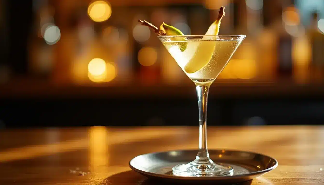 Elegant cocktail with pear garnish on bar counter.