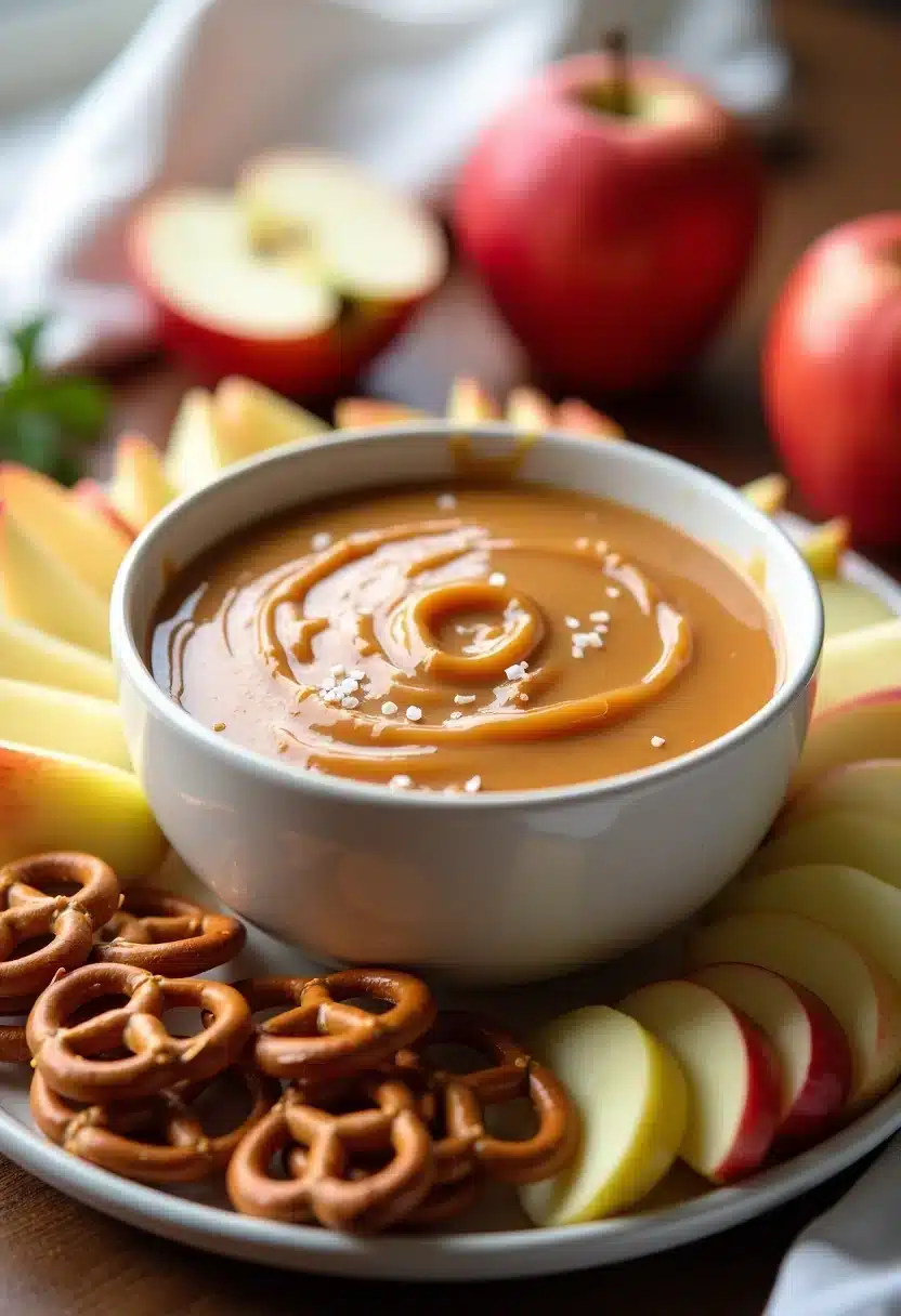 Caramel dip with apples and pretzels on plate.
