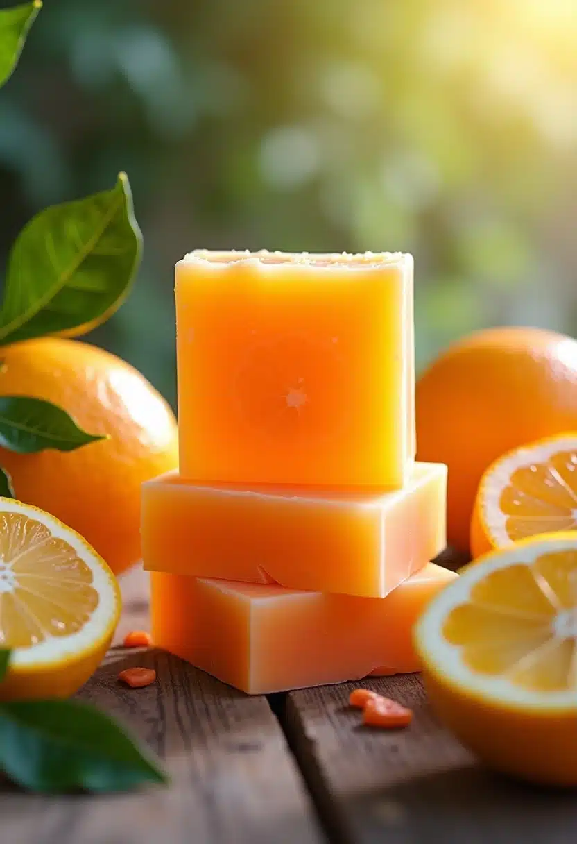 Stacked orange soap with citrus fruits