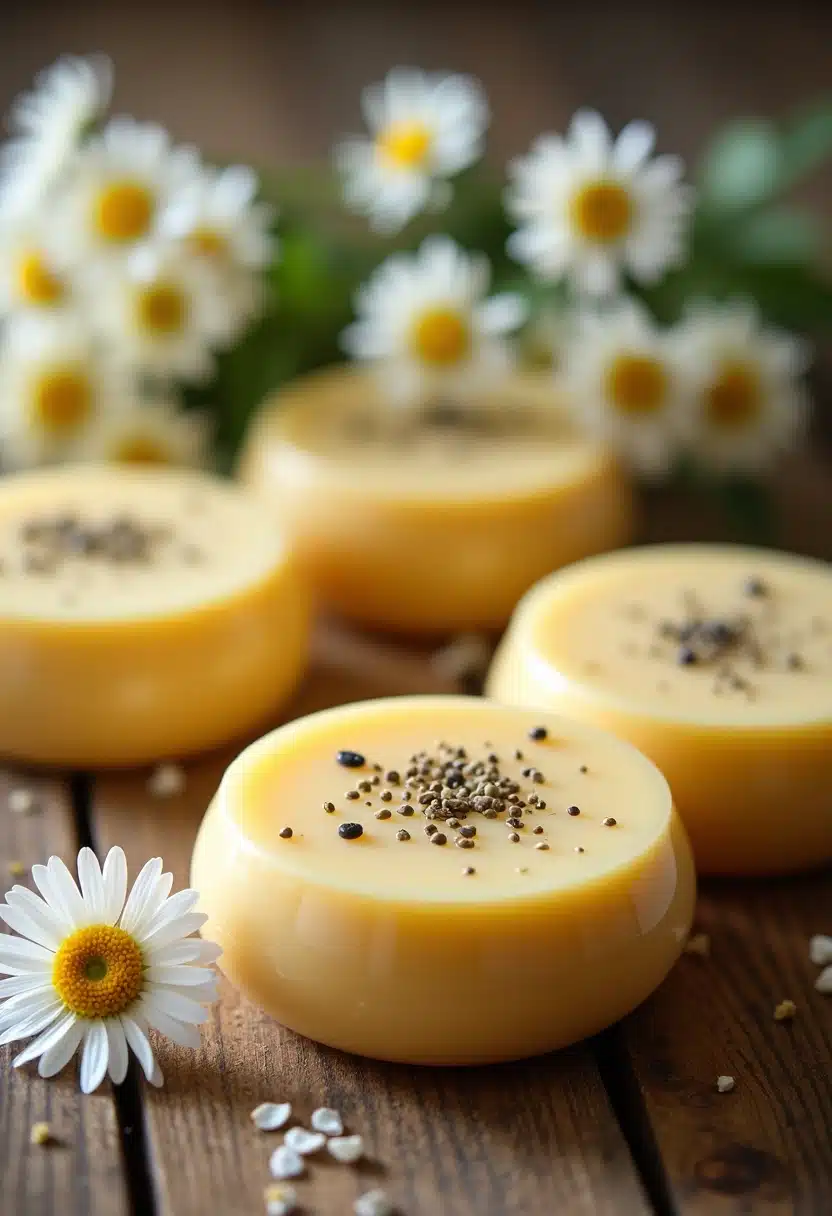 Natural chamomile soap with seeds on wooden surface.