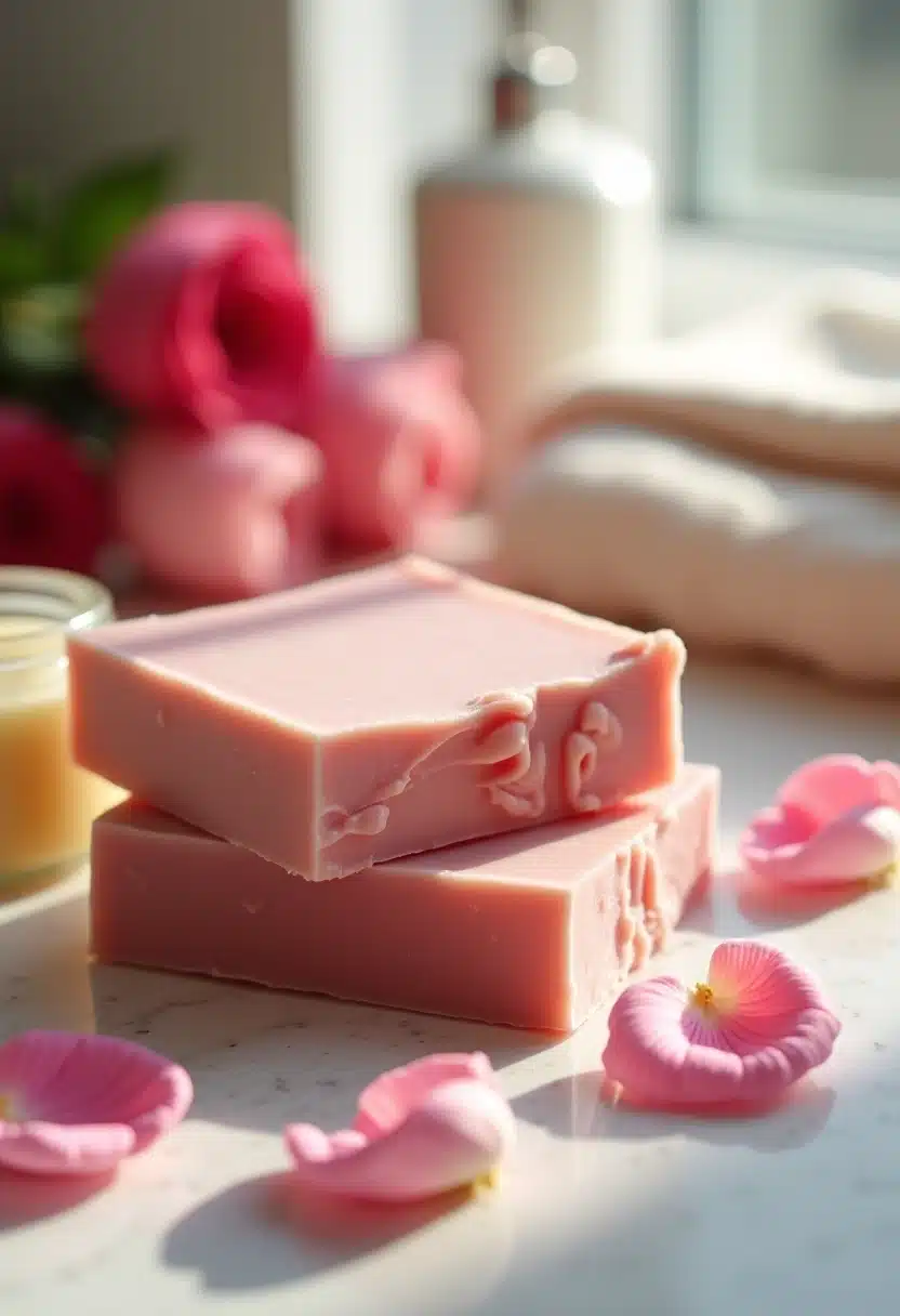 Pink soap bars with rose petals and candles.