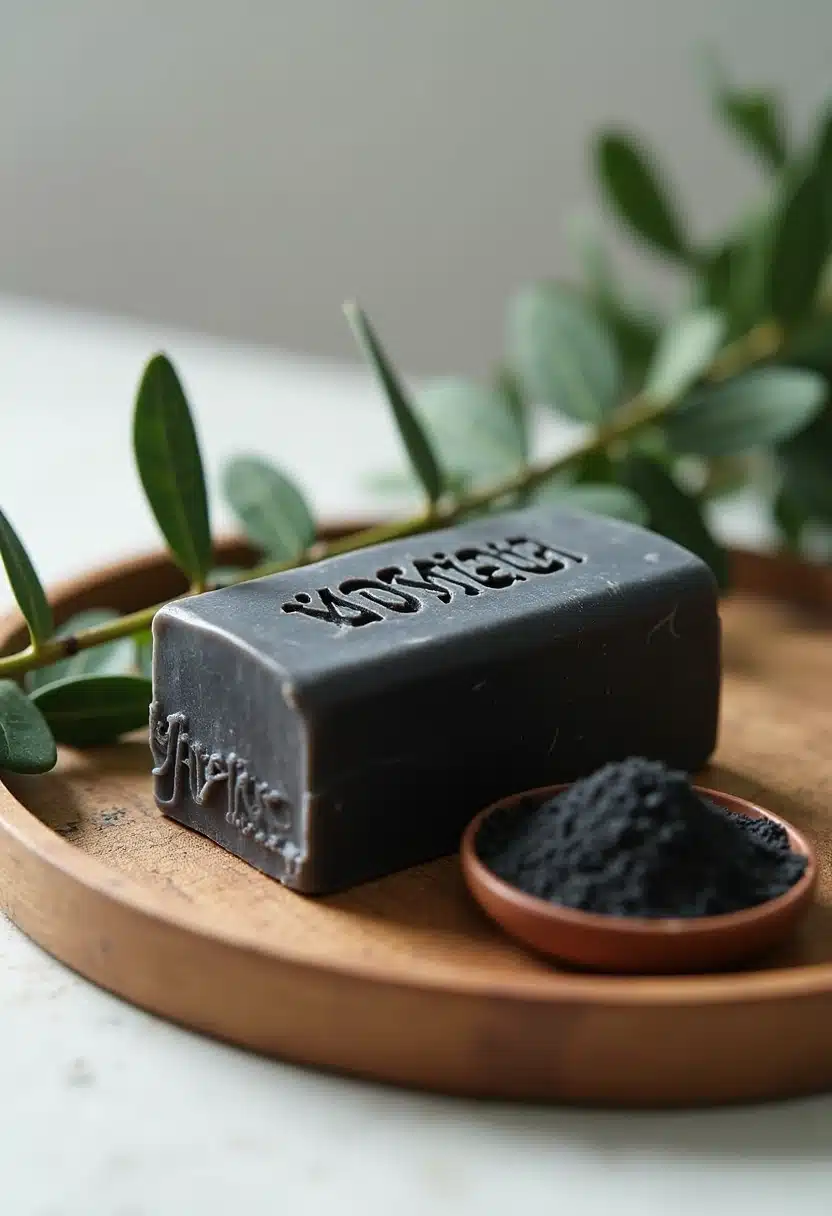 Charcoal soap with green leaves on tray.