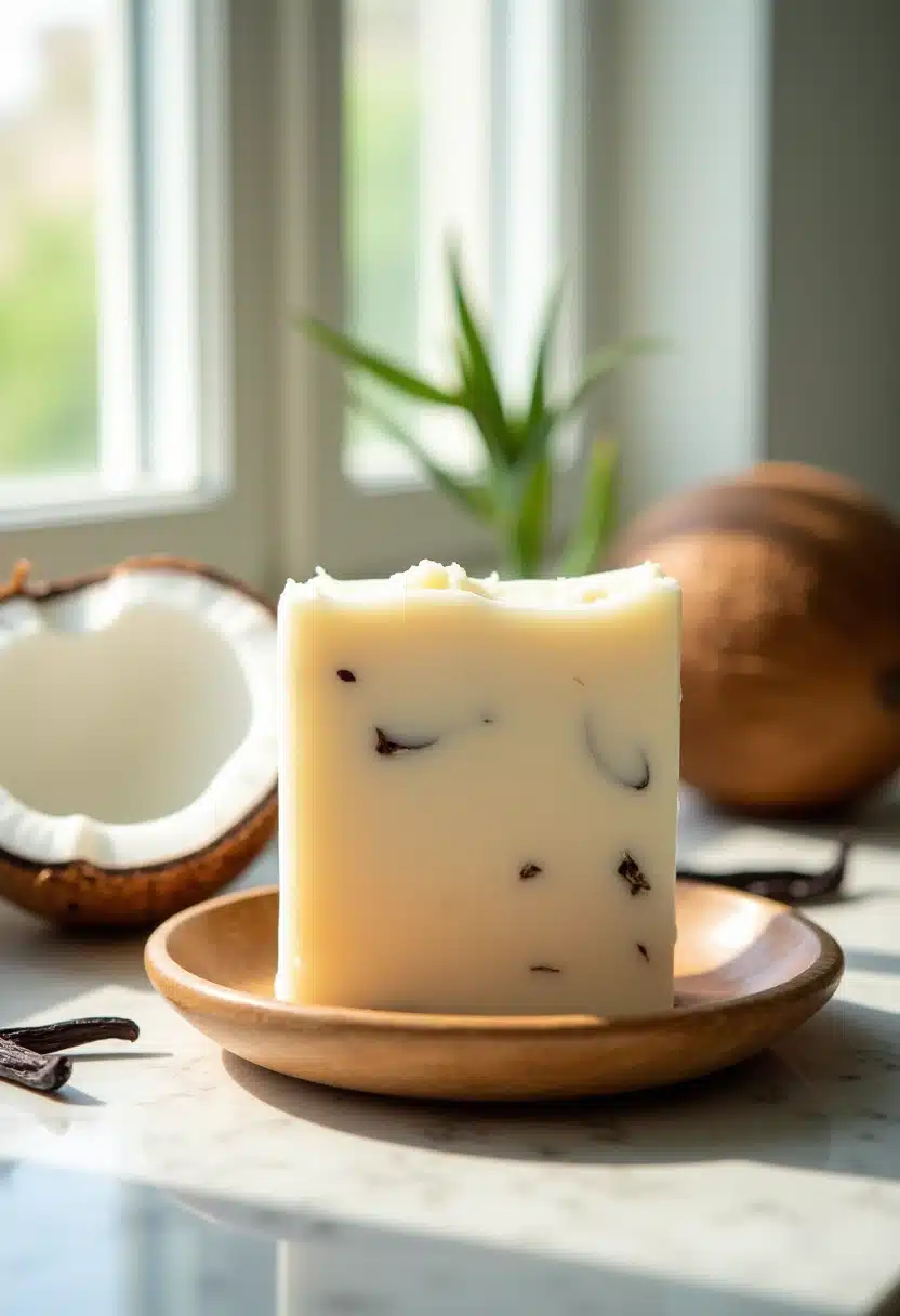 Handmade soap with coconut and vanilla on dish.