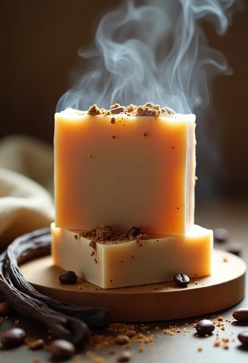 Coffee vanilla soap with steam rising