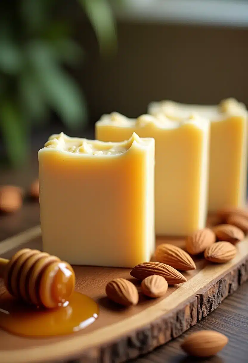 Almond honey soap bars on wooden plate