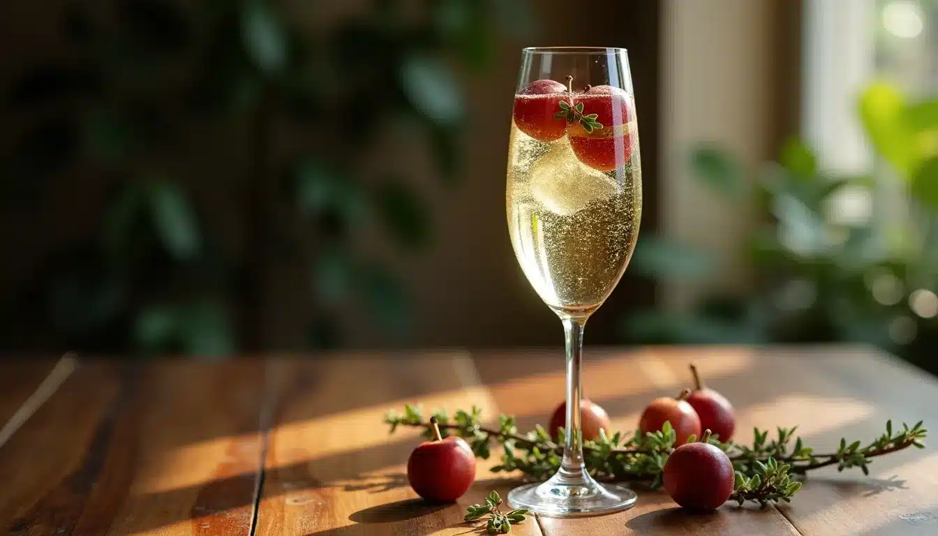 Sparkling wine with berries on wooden table.