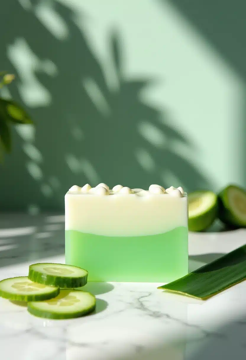Green and white soap with cucumber slices