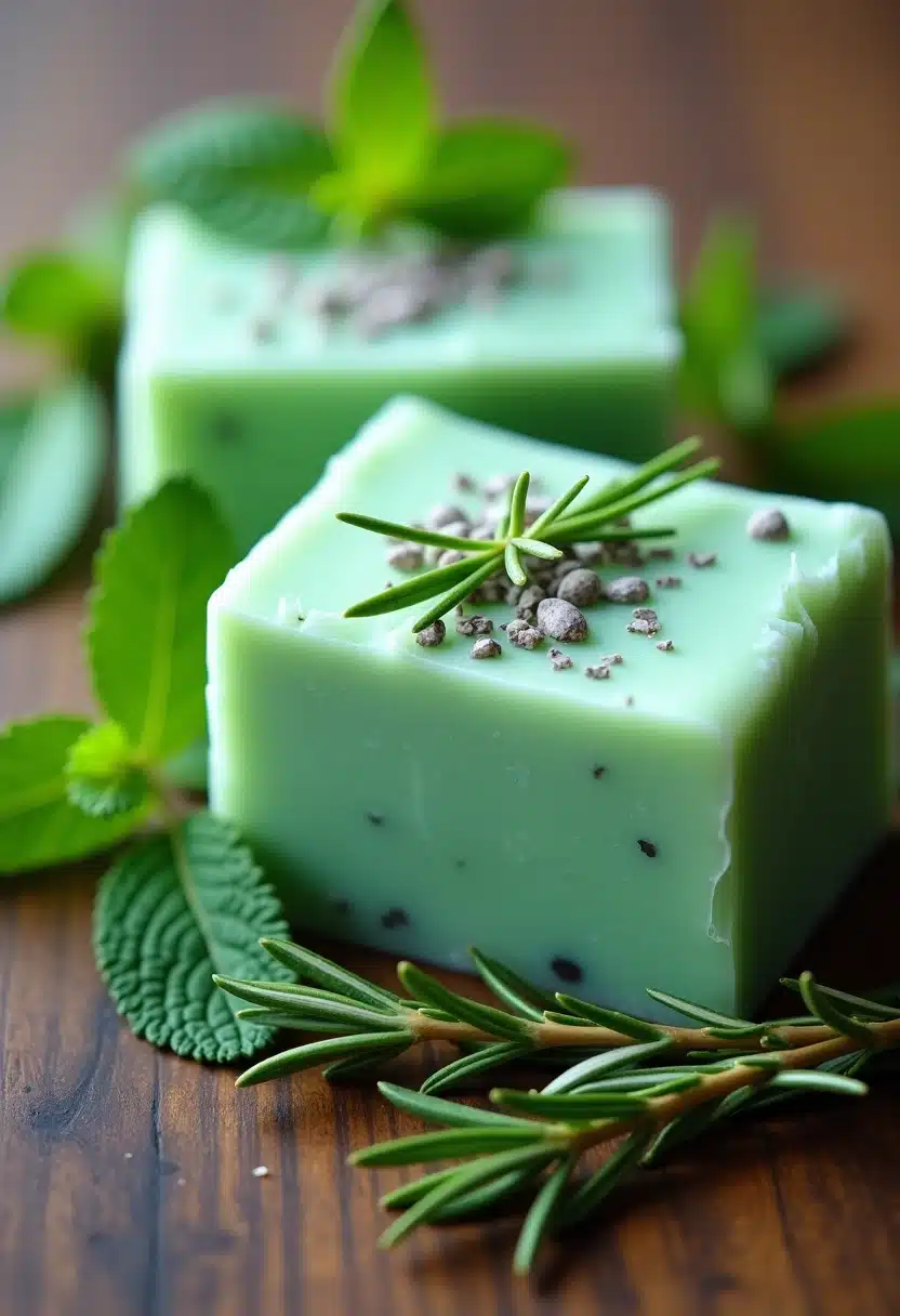Handmade herbal soap with mint and rosemary