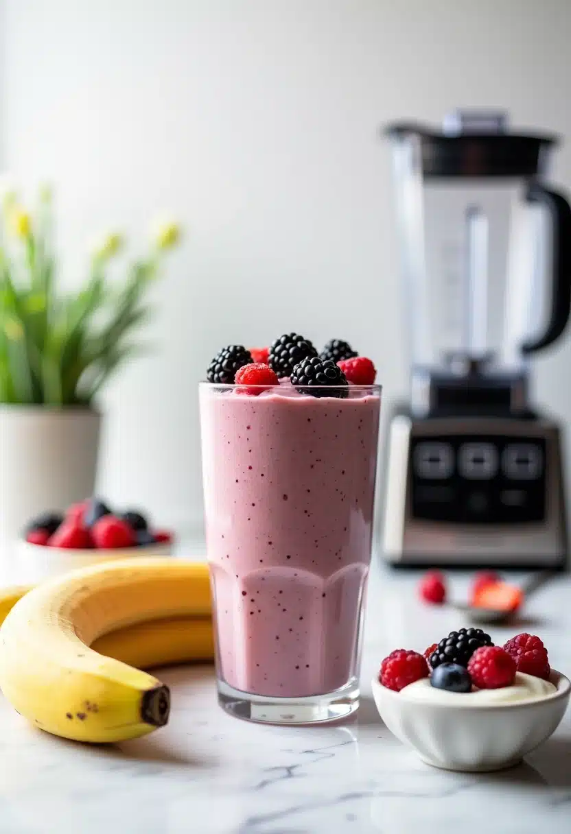 Berry banana smoothie with blender and fruits.