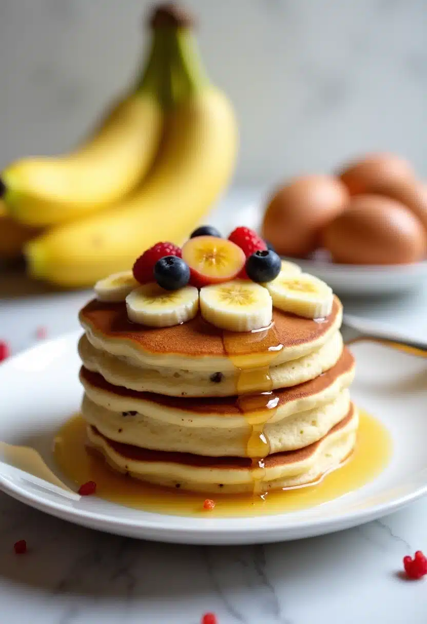 Pancakes with banana, berries, and syrup.