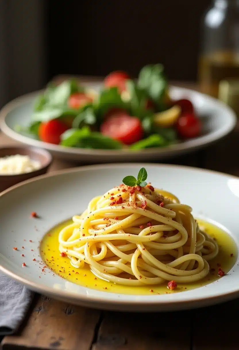Plate of spaghetti with olive oil and salad.
