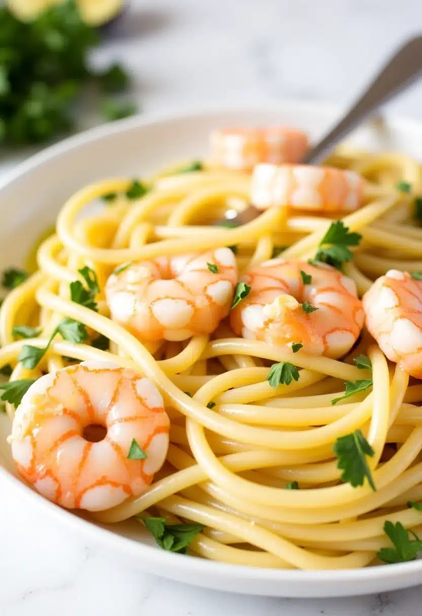 Shrimp pasta with parsley garnish on white plate