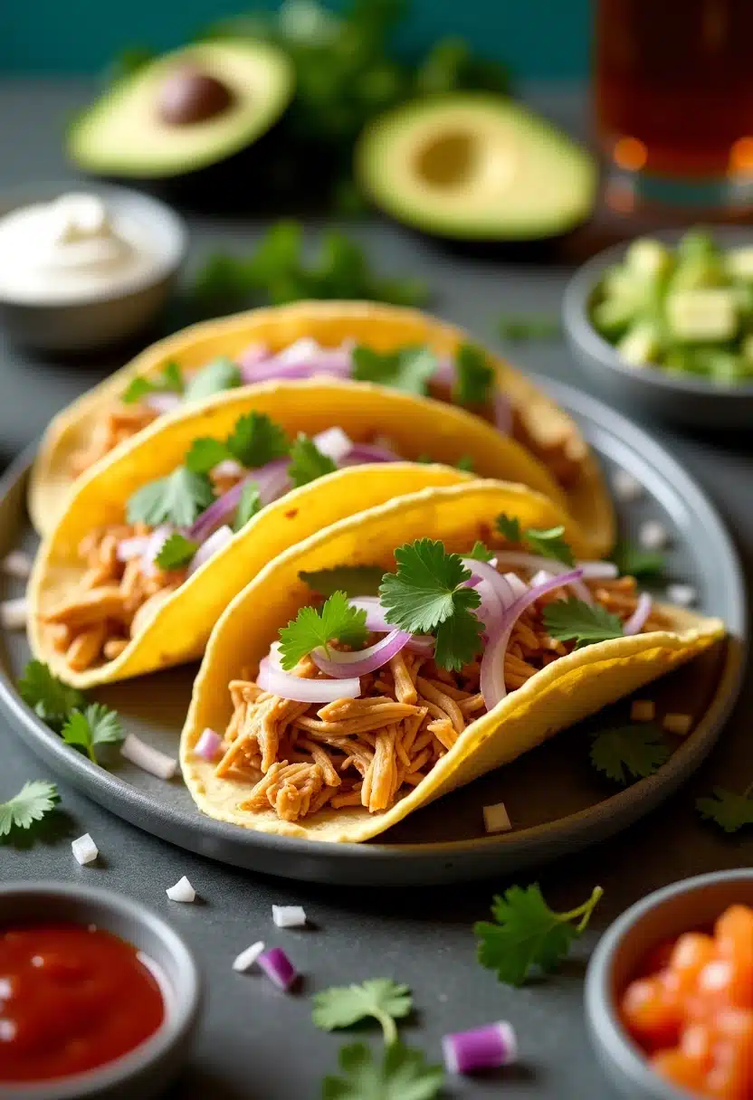 Three tacos with shredded chicken and cilantro