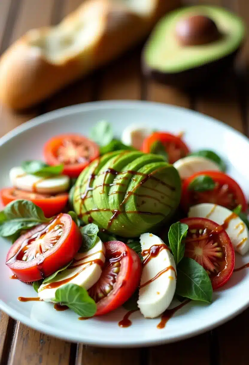 Caprese salad with avocado and balsamic glaze