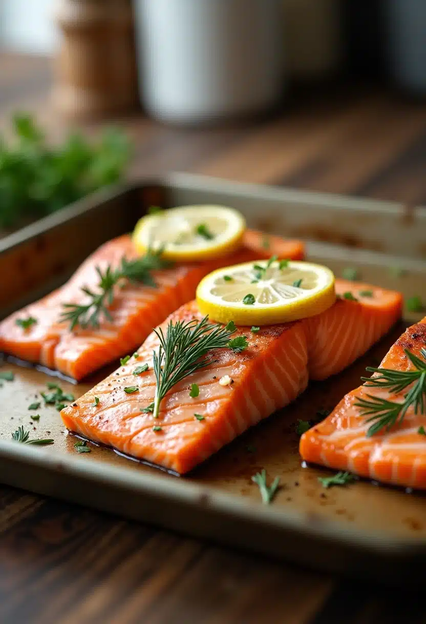 Baked salmon with lemon and herbs on tray.