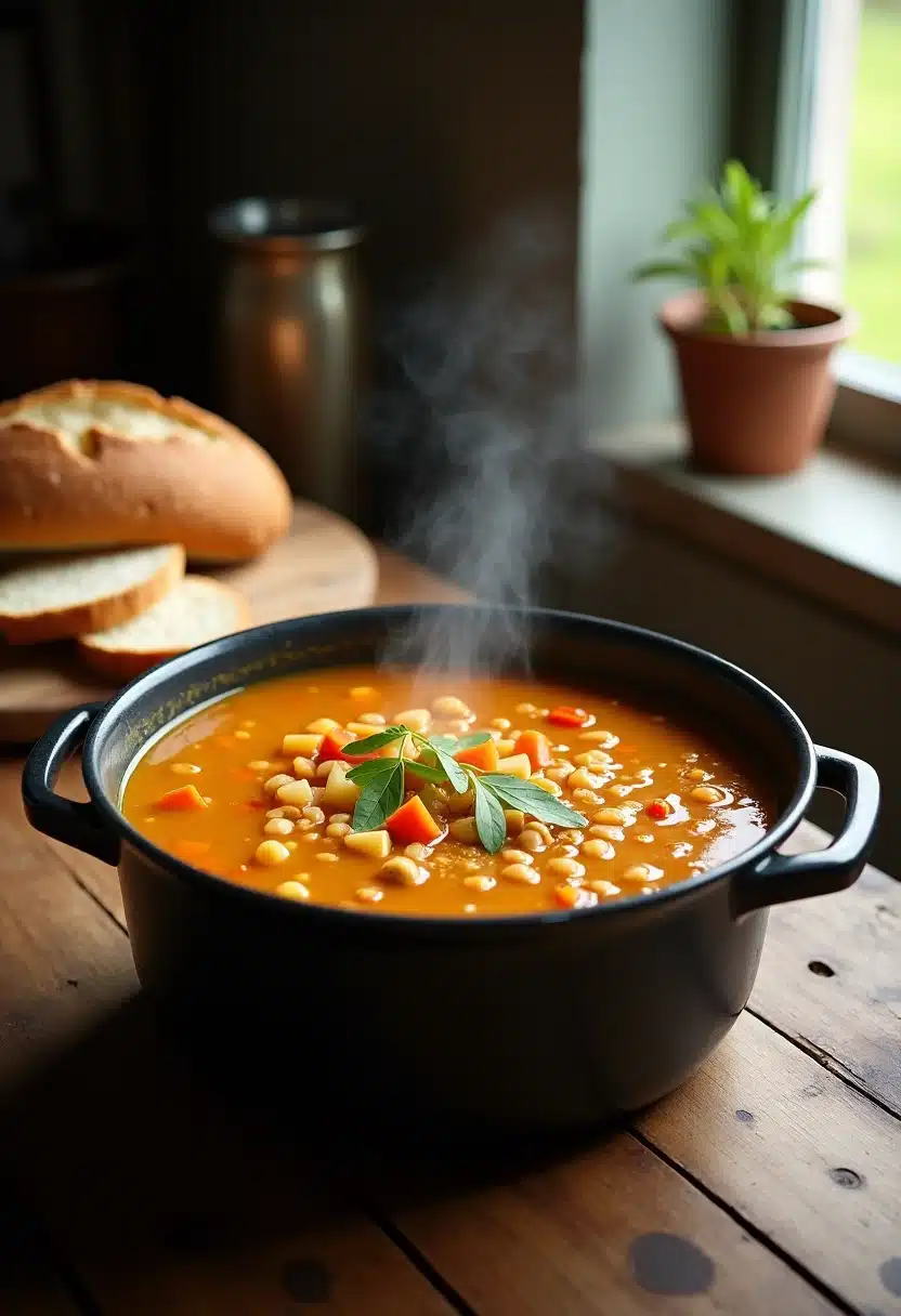 Steaming vegetable stew in a pot with bread.