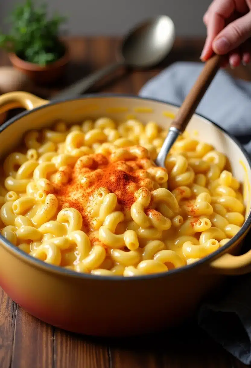 Creamy mac and cheese with paprika topping.