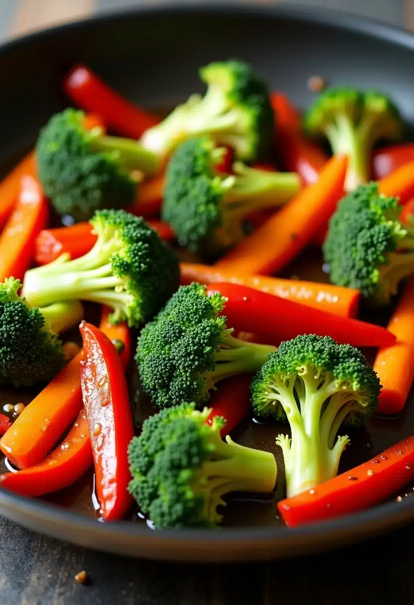 Broccoli and peppers sautéed in a pan