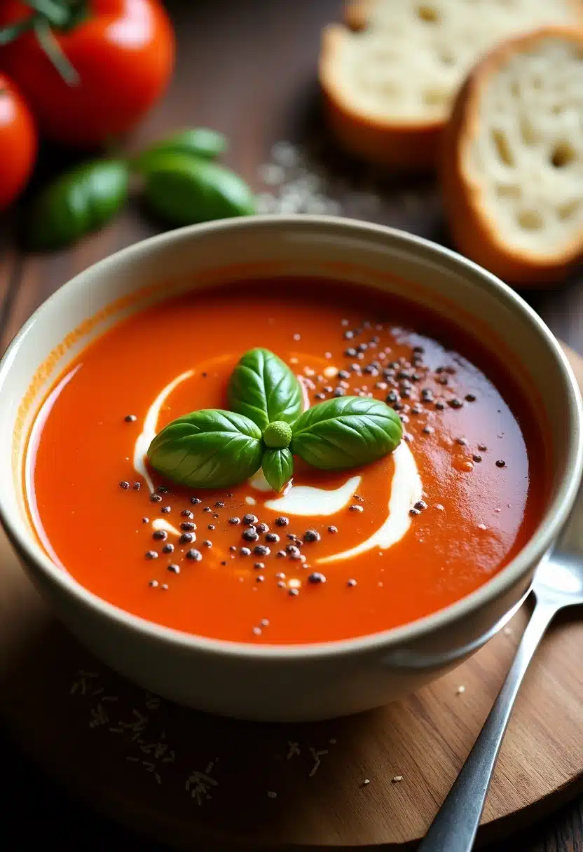 Tomato soup with basil and bread slices.