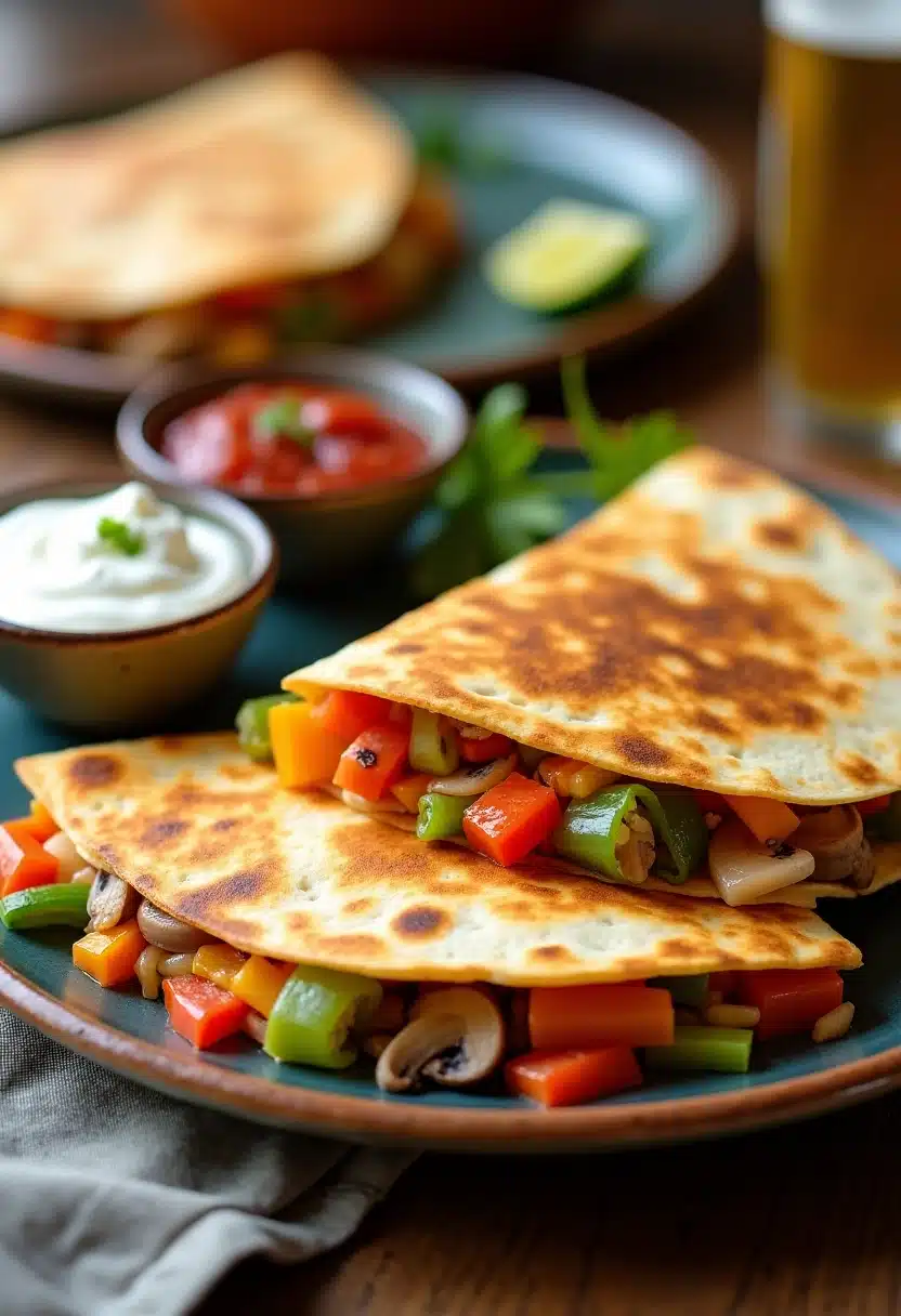 Fresh veggie quesadillas with salsa, sour cream.