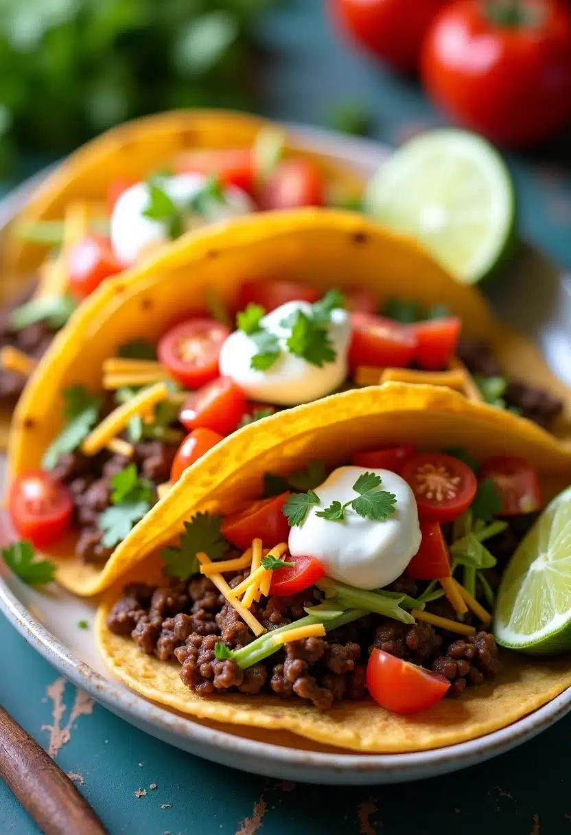 Three beef tacos with toppings and lime wedges.