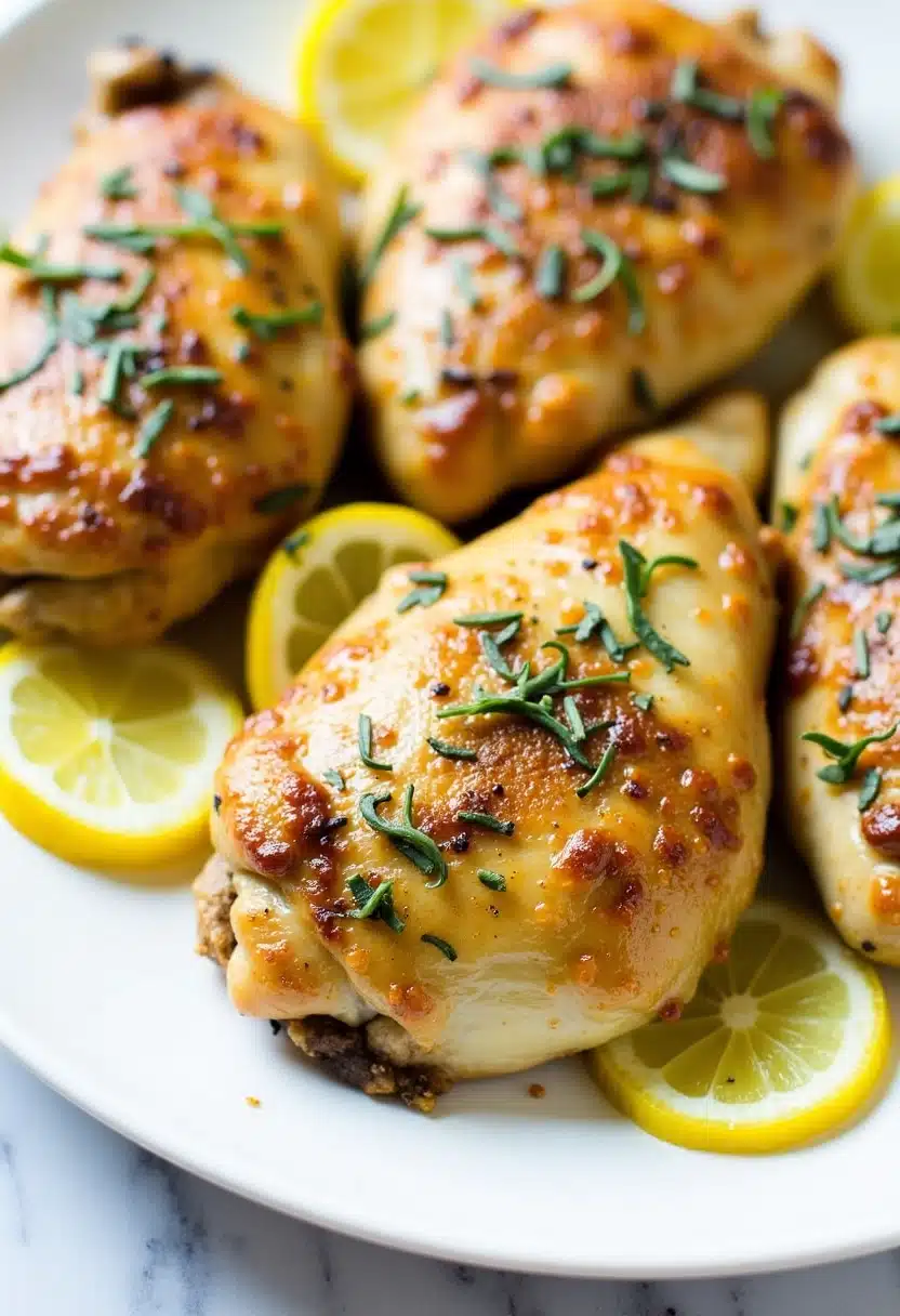 Grilled chicken breasts with rosemary and lemon slices.