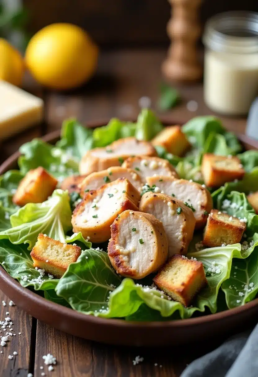 Chicken salad with croutons on lettuce.