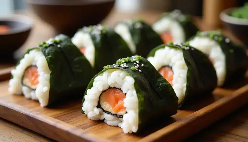 Close-up of fresh salmon sushi rolls.