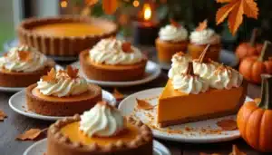 Autumn pumpkin pies with whipped cream and candles