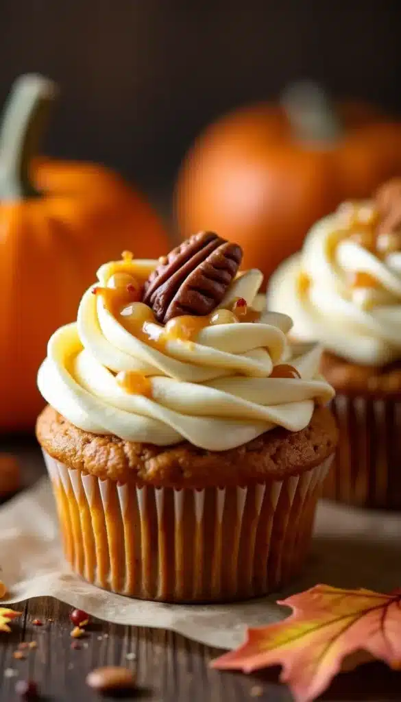 Pumpkin cupcake with frosting and pecan