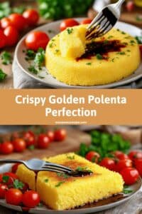 A plate of crispy golden air fryer polenta garnished with fresh herbs and cherry tomatoes, with a fork taking a bite.