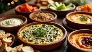 Colorful vegetable dips with various garnishes in bowls.