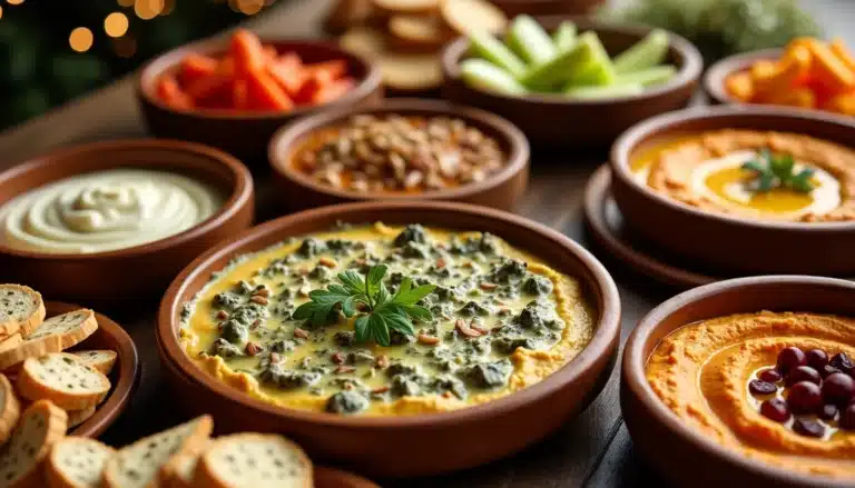 Colorful vegetable dips with various garnishes in bowls.