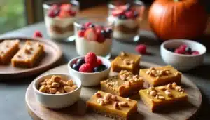 Pumpkin bars and yogurt desserts with berries.
