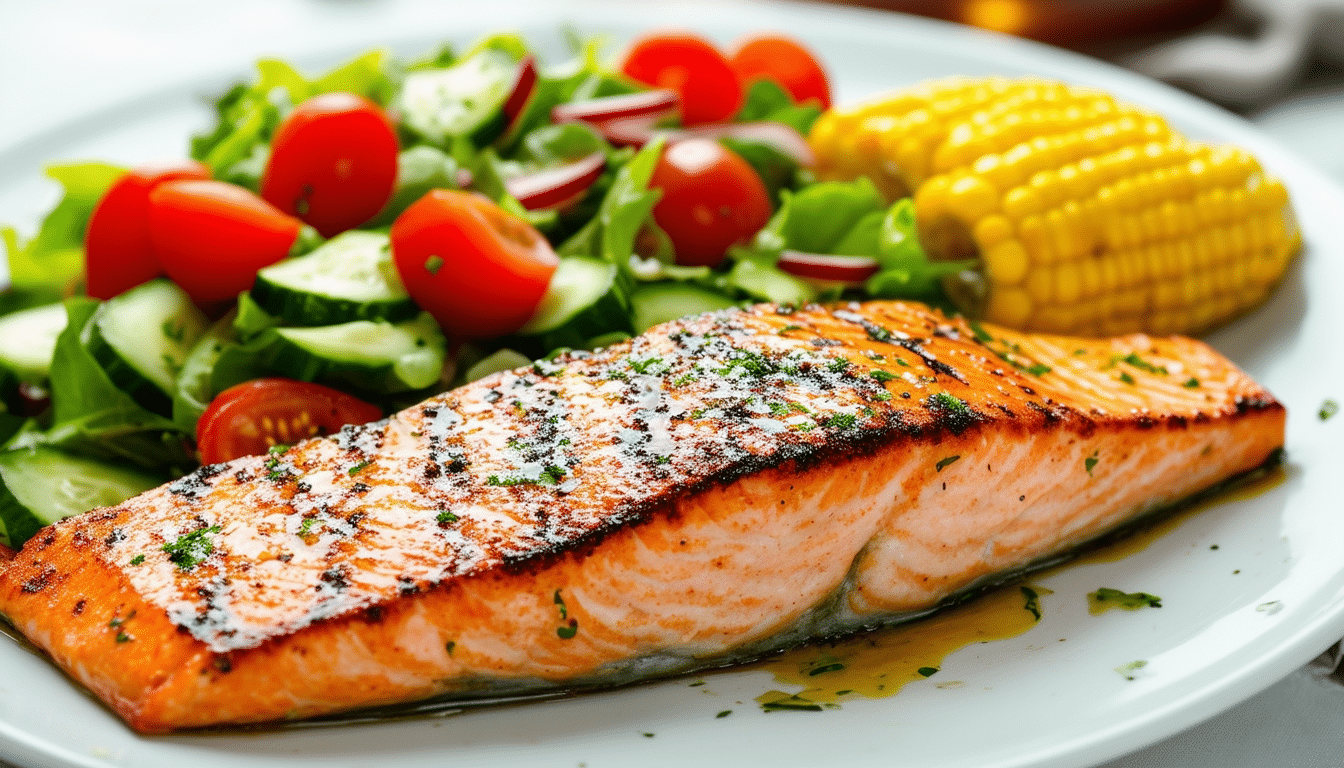 discover a delicious and healthy air fryer recipe featuring grilled salmon paired with a fresh salad and charred corn. perfect for a quick and nutritious meal, this recipe combines vibrant flavors and easy cooking techniques for a delightful dining experience.