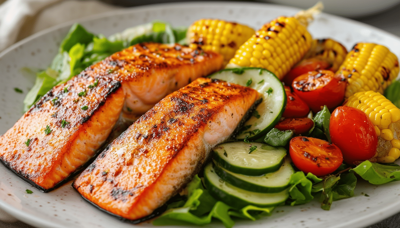 discover a delicious air fryer recipe featuring succulent grilled salmon paired with a fresh salad and charred corn, perfect for a healthy meal. enjoy easy, quick cooking while savoring vibrant flavors and nutritious ingredients.