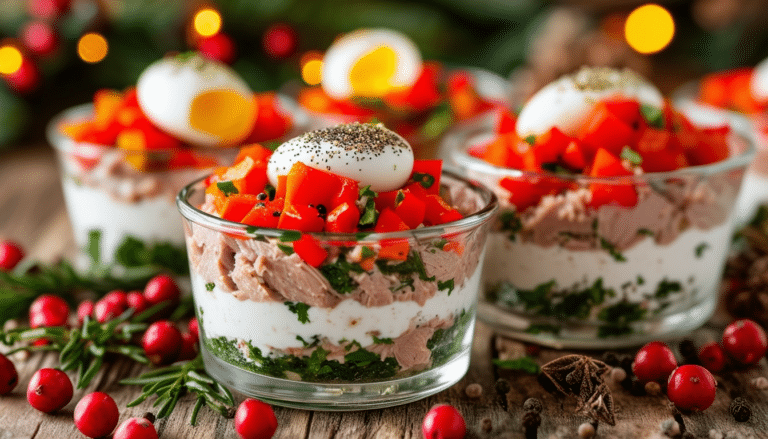 impress your guests this christmas with our delightful tuna verrines! these stylish and flavorful bites are perfect for holiday gatherings, blending fresh ingredients and festive flair to create a memorable appetizer that everyone will love.
