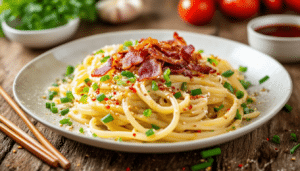 discover the incredible fusion of flavors with pasta express: asian-inspired carbonara. enjoy a quick and delectable meal that delivers a taste explosion in no time.